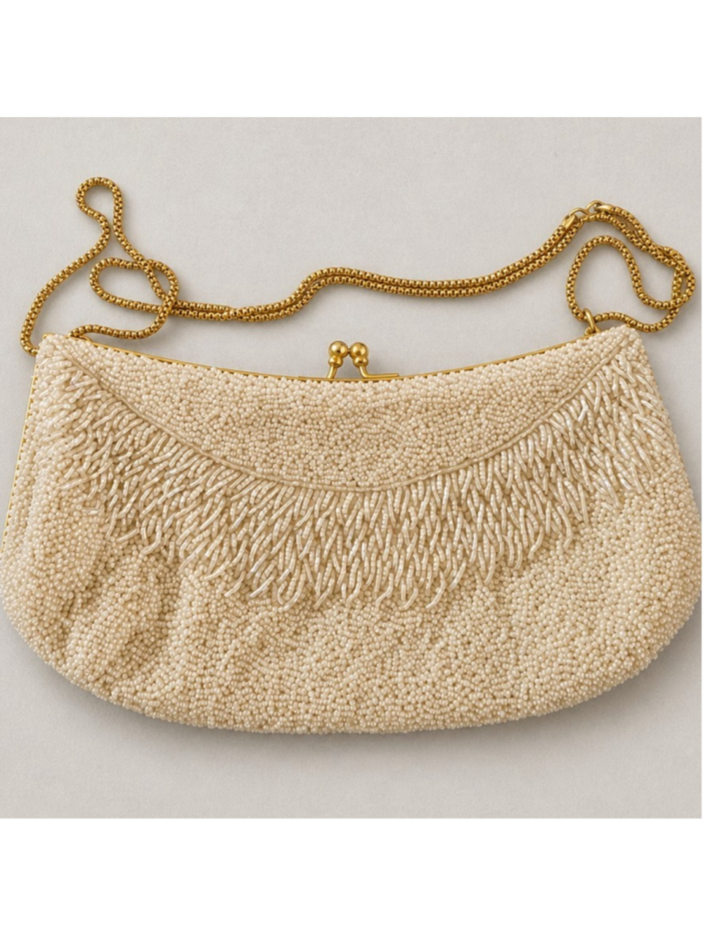 Walborg Vintage 1950s White Seed Bead Fringe Bridal Clutch Purse Glam Art Deco